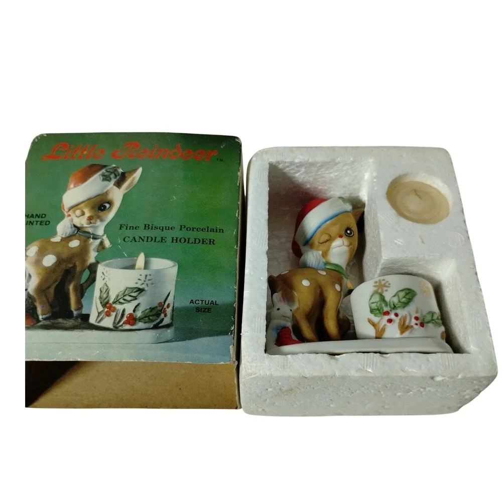 Vintage 1978 Little Reindeer‎ Candle Holder Bisque Porcelain Christmas Decor